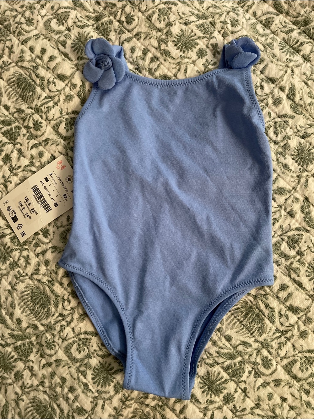 Zara Light Blue Toddler Swimsuit with Floral Shoulder Accents
